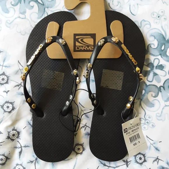 Carve Ladies Metallic Thongs Black/Gold - Golden Studded Size US 8, EUR 40 - Picture 1 of 8